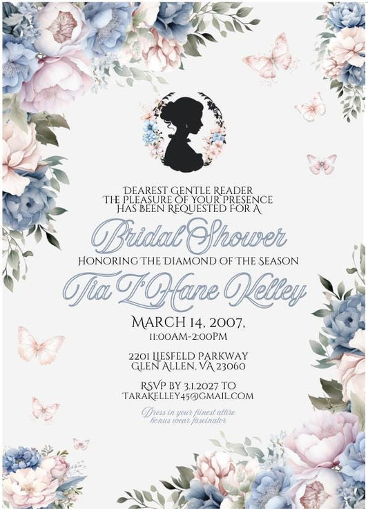 Digital Victorian Silhouette Blue Pink and Cream Floral Bouquet Bridal Shower Invitation Editable