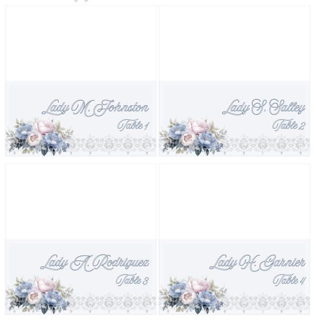 Digital Editable Place Cards Victorian Blue Pink and Cream Floral Bouquet Instant Download