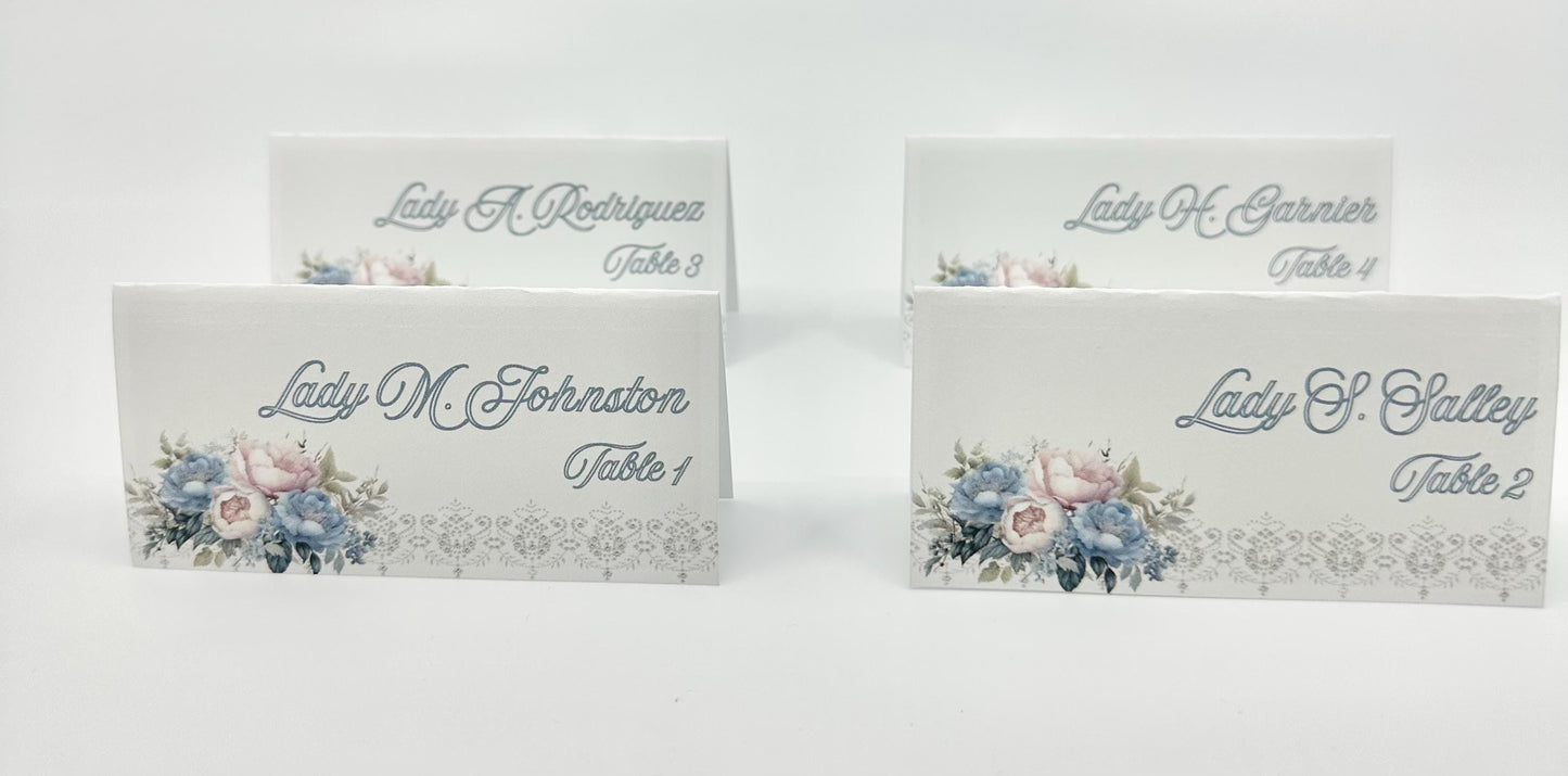 Digital Editable Place Cards Victorian Blue Pink and Cream Floral Bouquet Instant Download