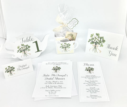 Bridal Shower Tea Party Pack Kit Invitation Irish Clover Celtic Gaelic Ensemble Wedding