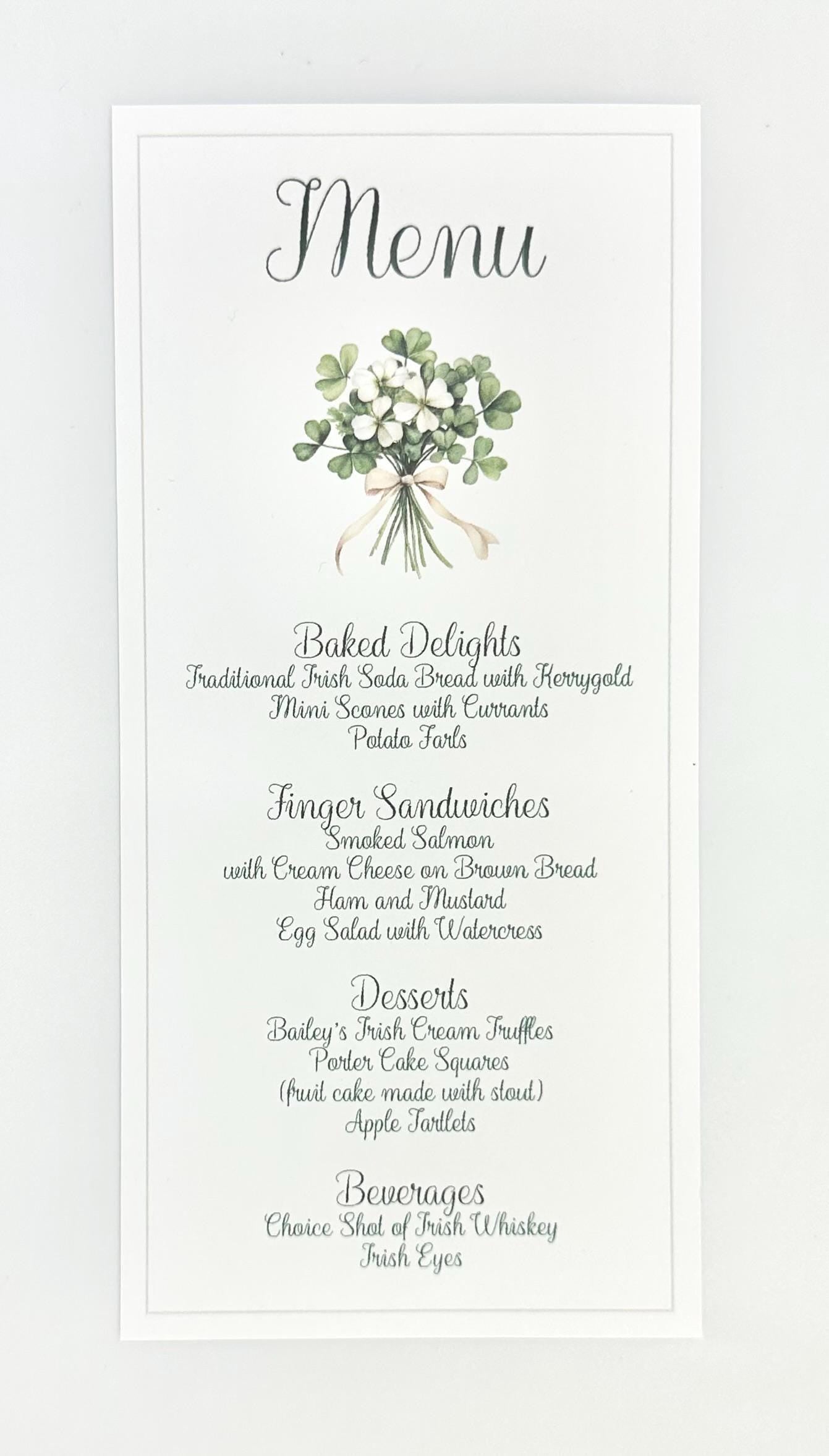 Irish Clover Celtic Gaelic Bridal Shower Tea Party Menu