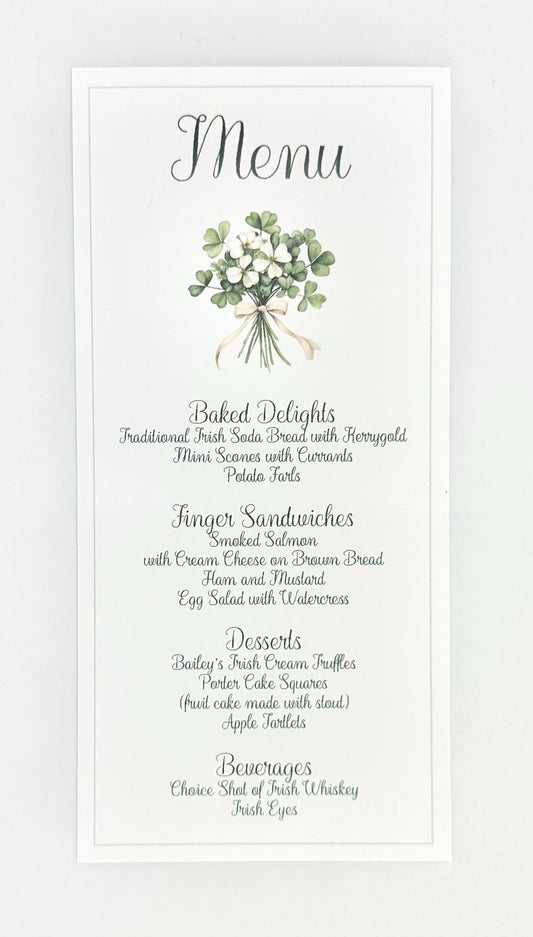 Irish Clover Celtic Gaelic Bridal Shower Tea Party Menu