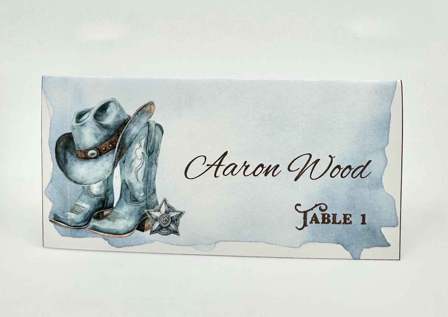 Blue Cowgirl Cowboy blue and white wildflowers place cards