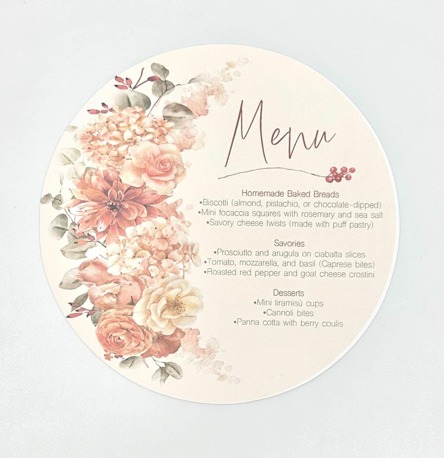 Terracotta Floral Tea Party Menu: Bridal Shower, Birthday, Wedding