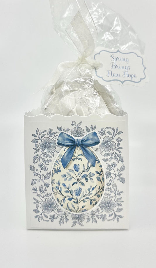 3-D Floral Blue with Blue Bow Easter Egg Gift Basket Box Bag Party Favor