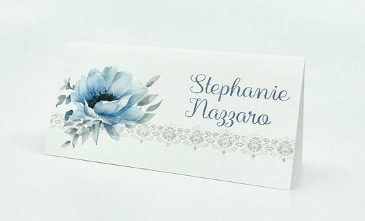 Blue Poppy Anemone Bouquet Tea Party Place Cards Table Seating Arrangement Bridal Shower