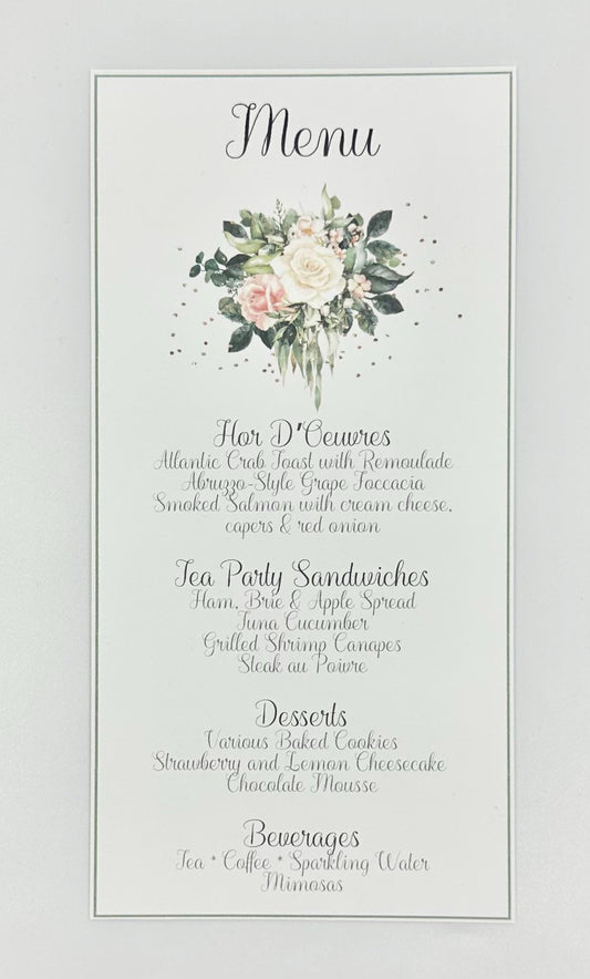 Bridal Shower Tea Party Menu: Floral Bouquet, Sage Green