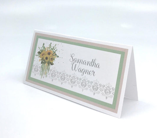 Sunflowers and Eucalyptus Bouquet Tea Party Seating Arrangement Place Card Bridal Baby Shower Birthday