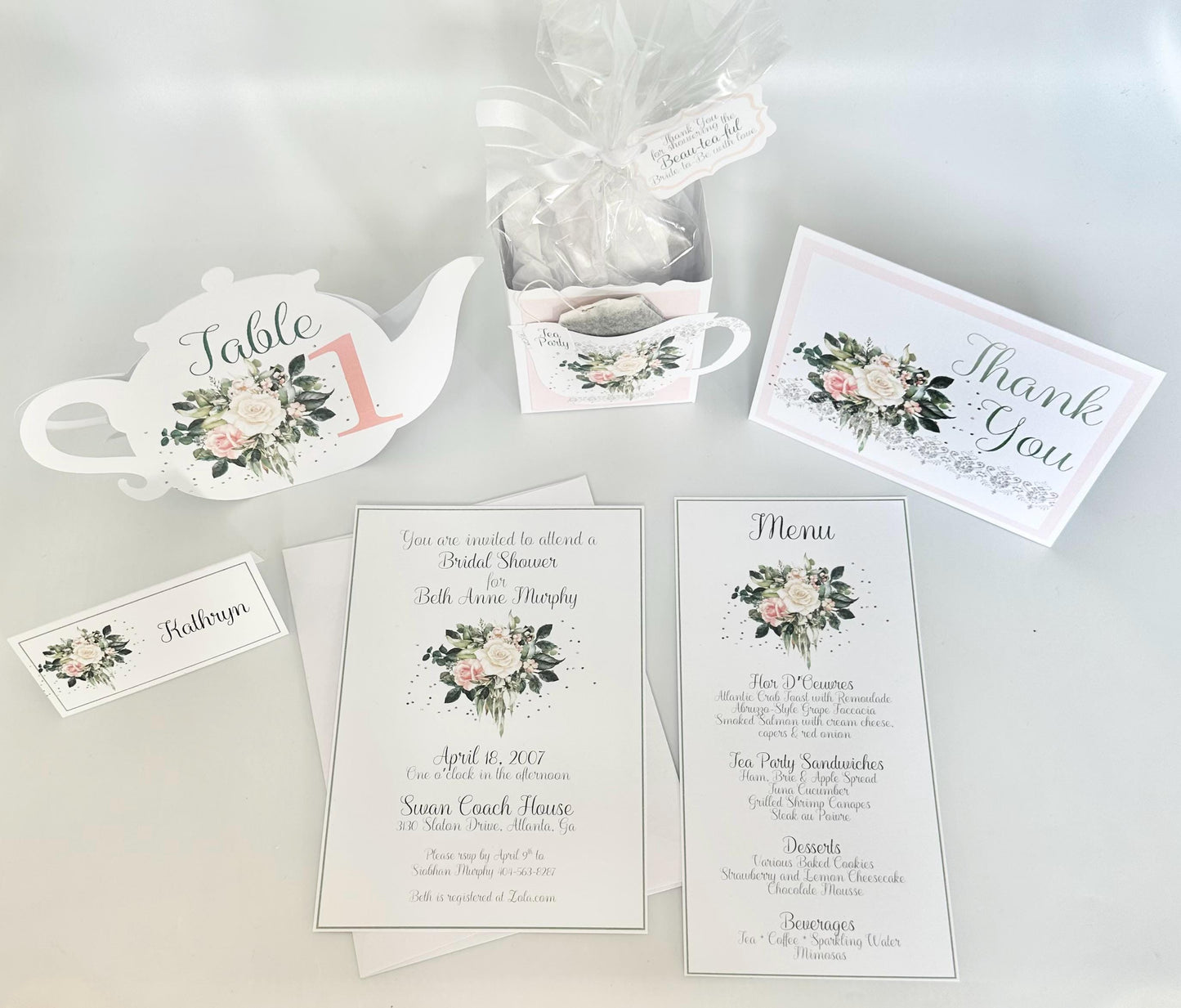 Digital Bridal Shower Menu: Sage Green Blush and Cream Floral Bouquet Editable Instant download