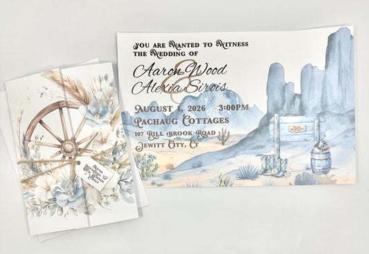 Blue Cowgirl Cowboy Gatefold Invitation Wedding blue and white wildflowers