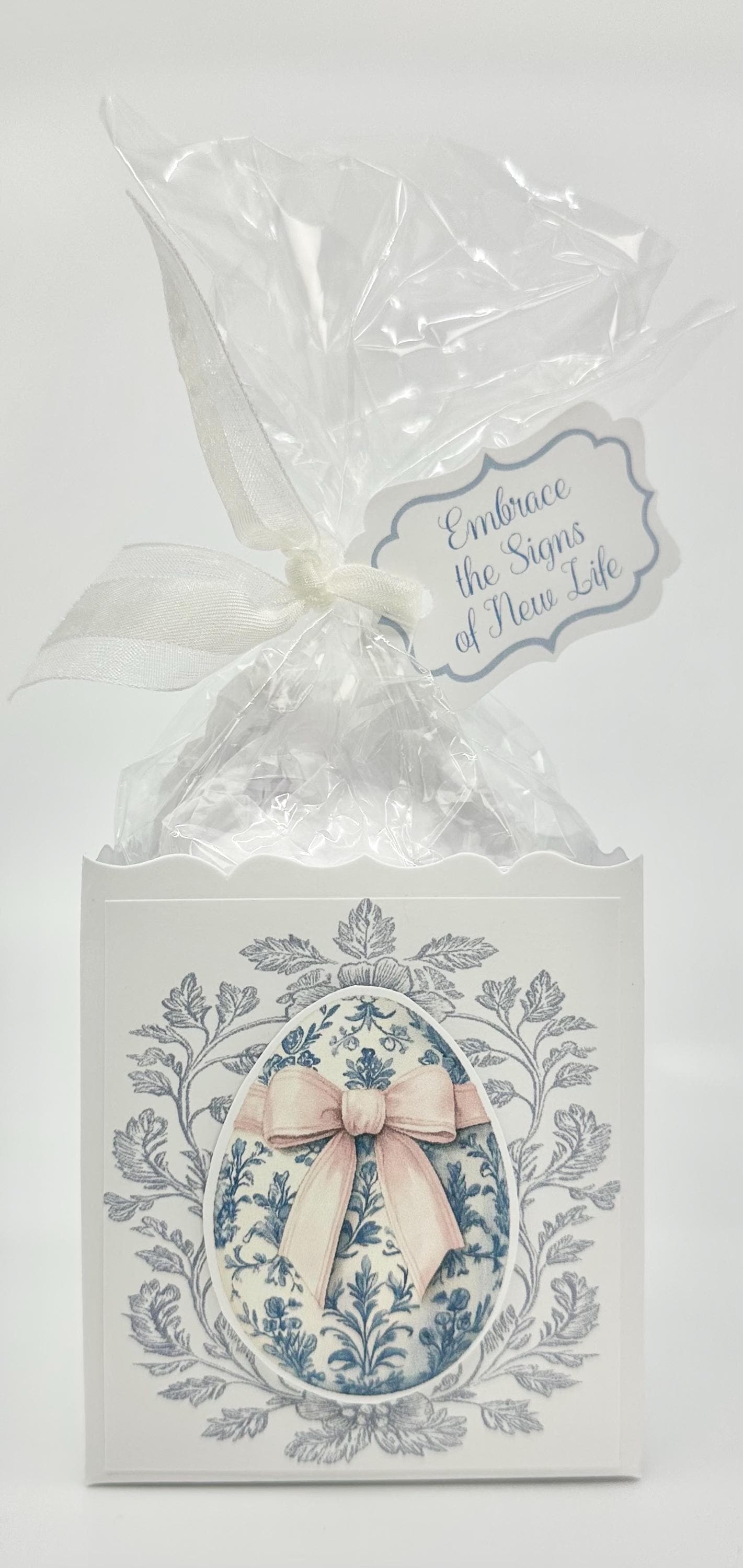 3-D Blue Toile with Pink Bow Easter Egg Gift Basket Box Bag Party Favor