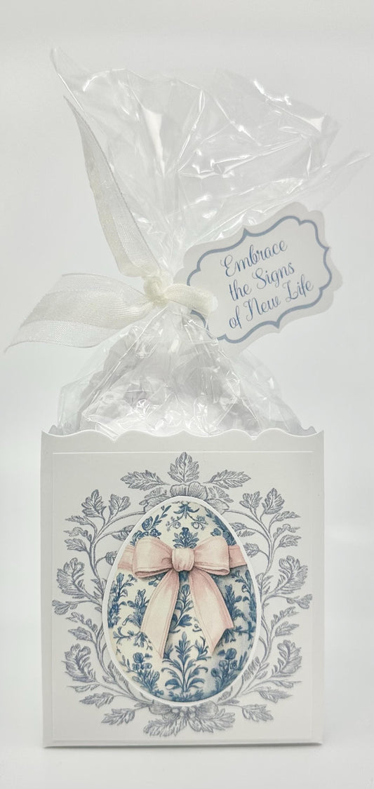 3-D Blue Toile with Pink Bow Easter Egg Gift Basket Box Bag Party Favor